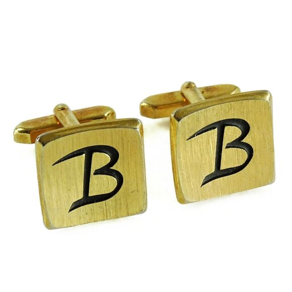 Vintage Letter B Initial Cufflinks Square Goldtone Cuff Links - Picture 1 of 3